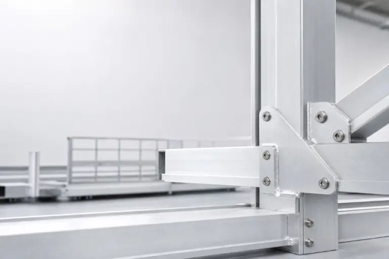 Nahaufnahme eines Metallrahmens mit einer Metallleiste, die die Struktur und Verarbeitung von Aluminiumbau zeigt.