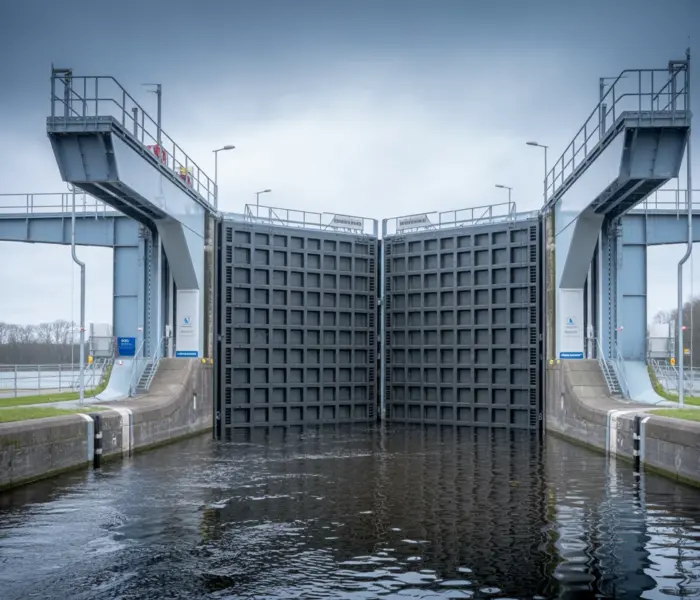 Doppelsparschleuse Hohenwarte: große Schleuse öffnet sich an einem Kanal, Wasser fließt hinein.