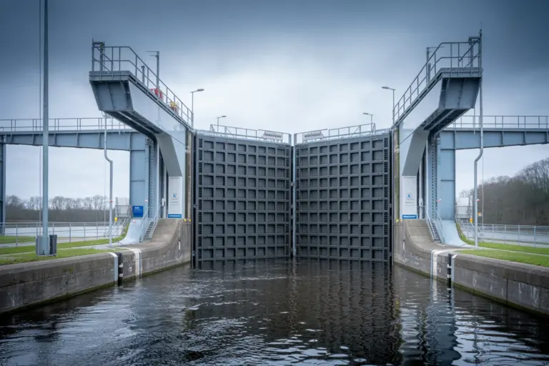 Doppelsparschleuse Hohenwarte: große Schleuse öffnet sich an einem Kanal, Wasser fließt hinein.