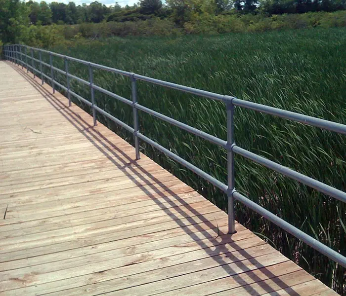 Eine Holzbrücke über ein Moor, umgeben von Pflanzen und Wasser, mit einem stabilen Geländer für Sicherheit.